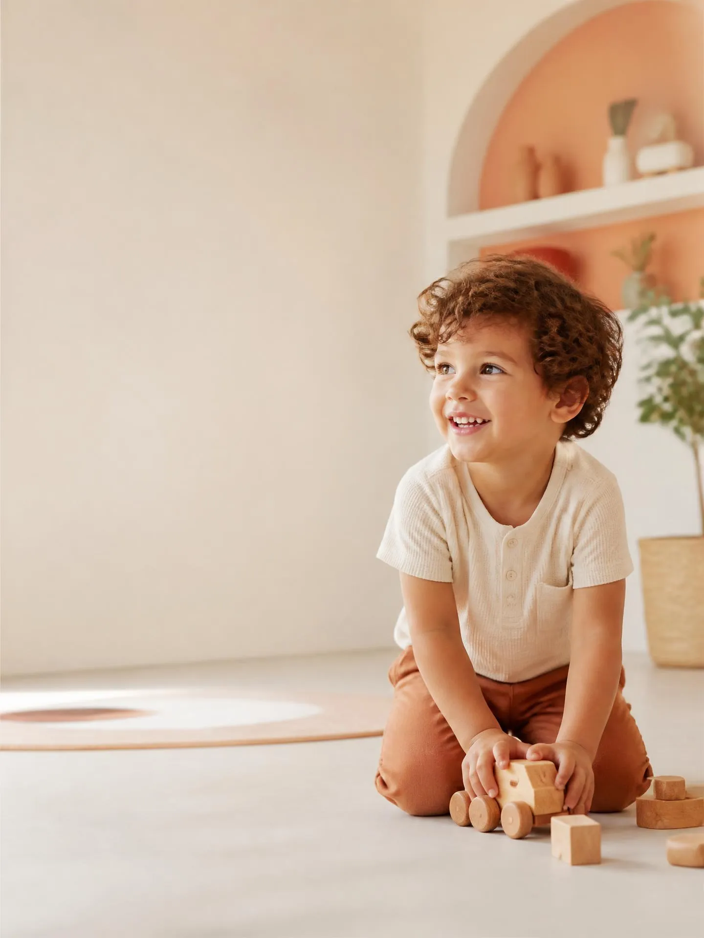 A happy child playing with wooden toys in a bright, minimalist play space